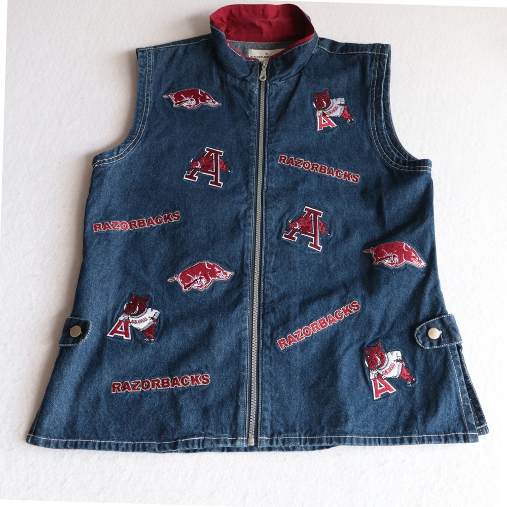 Castles Sport Arkansas Razorbacks Denim Vest Blue Red Embroidered Medium